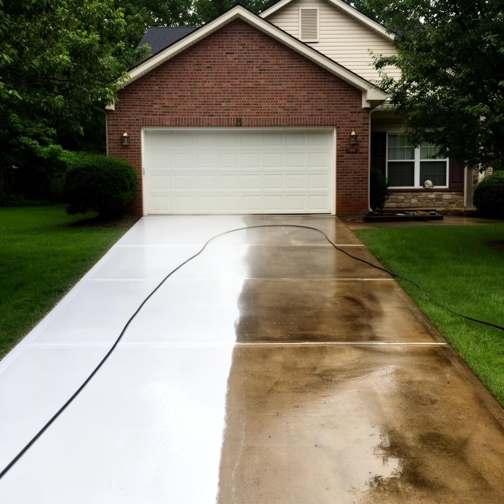 Pressure washing dirt and grime off concrete driveway